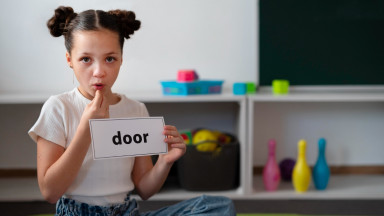 Девочка с карточкой слова в руке