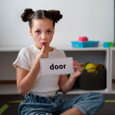 Девочка с карточкой слова в руке